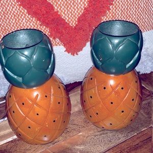 Vintage solid hard carved wood candlestick carving boho pineapple set of 2